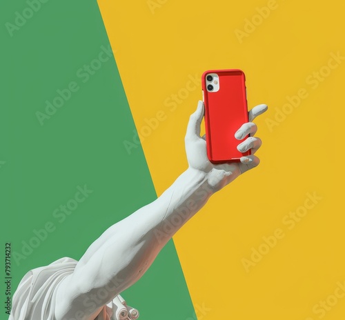 picture illustration of a  traditional staute sculpture greek head making a selfie picture on camera, pop art style	yellow and green colors photo
