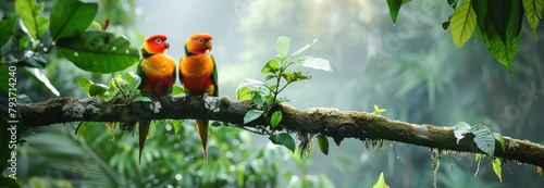 A pair of beautiful vibrant birds sat on a branch of an old tree and sunlight filtering through dense foliage in mountainous areas.