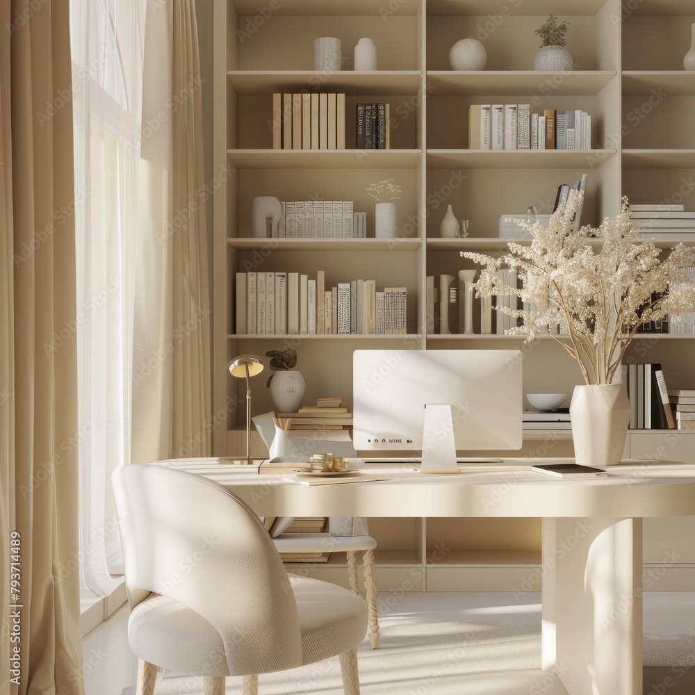 Minimalist home office with white desk, computer, books and plants ...