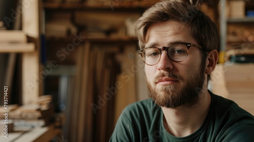 A young male carpenter with a pleasant expression and a beard wearing eyeglasses gazes off to the side while seated in a woodworking studio