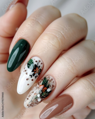 set of spring nails with green flowers and leaves painted on, palnt design, colorful, bright background, hands close up manicure