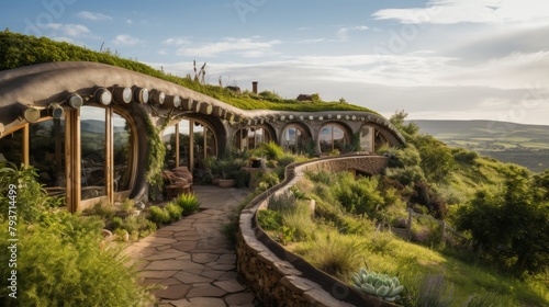 A serene house atop a hill, connected by a winding walkway, offering a peaceful retreat