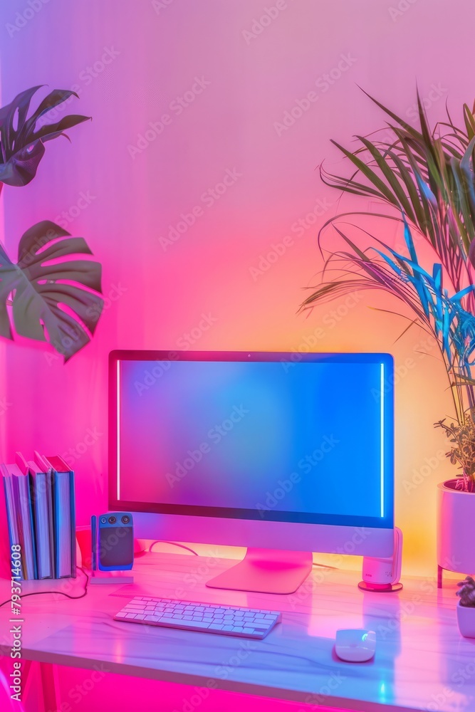 Minimalist home office with work station desk, computer, furniture and plants, neon colors wall background, linear and clean interior Minimalist home office with work station desk, computer, furniture and plants, neon colors wall background, linear and clean interior