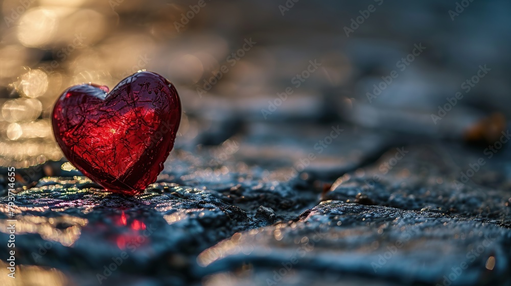 Fototapeta premium Valentines day background. Red heart on a wet pavement.