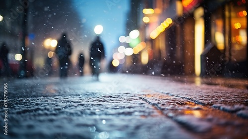 Snowfall in London at night. Blurred background with bokeh