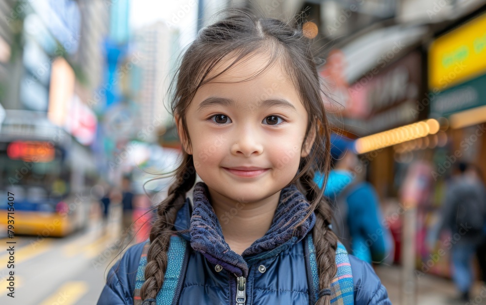 A young girl with long hair and a blue jacket is smiling at the camera. She is wearing a backpack and has her hair in pigtails. The scene takes place on a busy street with many people walking around A young girl with long hair and a blue jacket is smiling at the camera. She is wearing a backpack and has her hair in pigtails. The scene takes place on a busy street with many people walking around