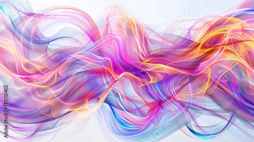 Dynamic neon waveforms swirling and dancing in intricate patterns against a pristine white backdrop
