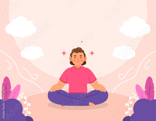 illustration of a woman doing yoga. Sit cross-legged and meditate in nature or outside. lotus pose. international yoga day. activities to exercise and calm the mind. character illustration design