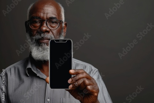 Display mockup afro-american man in his 60s holding an smartphone with an entirely black screen