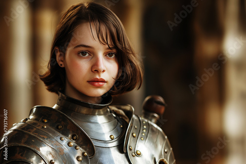 Young woman as Joan of Arc wearing a knight plate armor and short bobbed hair photo
