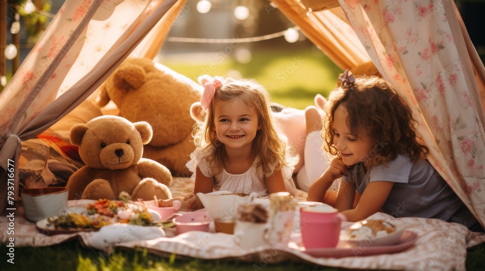 Two young girls having a magical tea party inside a cozy tent with their favorite teddy bears