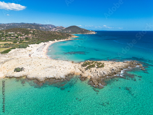 Campana bay, with crystal clear water and white sand, view from the drone, Campana beach, Chia, Domus de Maria, Sardinia, Italy