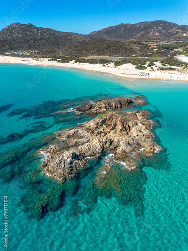 Su Giudeu bay, with crystal clear water and white sand, view from the drone, Su Giudeu beach, Chia, Domus de Maria, Sardinia, Italy