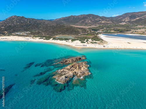 Su Giudeu bay, with crystal clear water and white sand, view from the drone, Su Giudeu beach, Chia, Domus de Maria, Sardinia, Italy