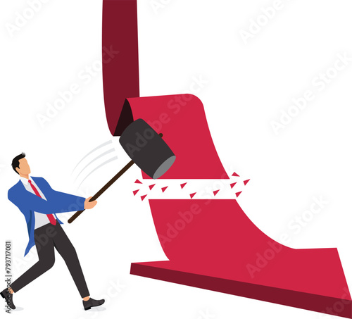 Businessman holding hammer destroys growing arrow, business concept illustration