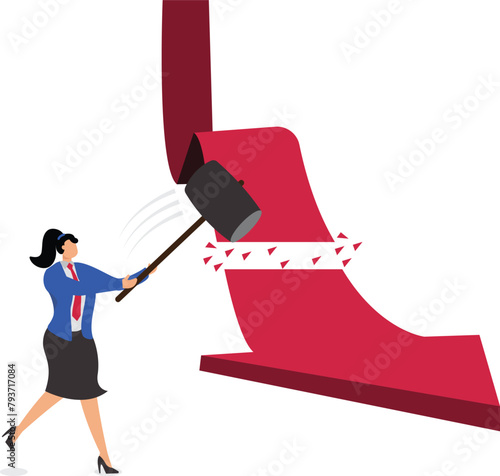 Businesswoman holding hammer destroys growing arrow, business concept illustration
