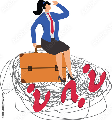 Question marks around businesswoman sitting on briefcase with questions and troubles