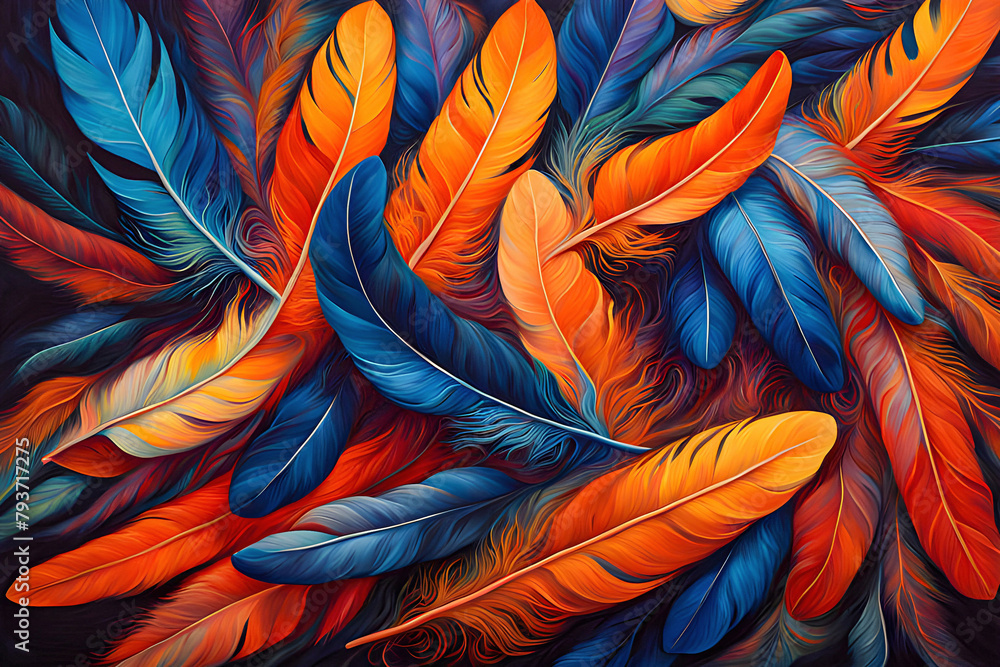 Vibrant, colorful feathers with rich hues, perfect for artistic projects, backgrounds, and decorative elements