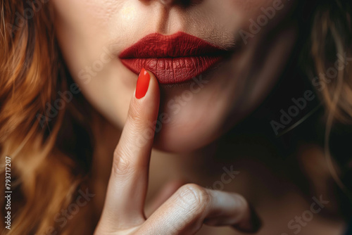 Close up of Woman putting her finger in front of her mouth, asking silence photo