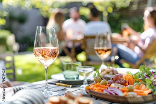 Focused on a glass of rose wine  this image captures friends gathering in a vibrant summer garden setting  enjoying fresh food and drinks.
