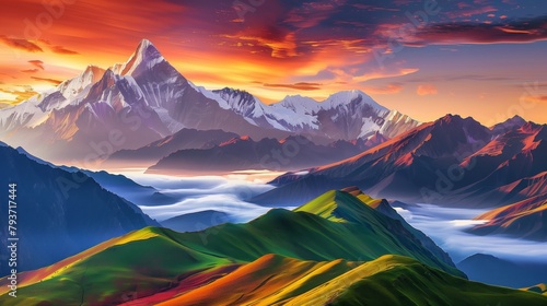 breathtaking mountain sunrise with vibrant skies and snow peaks