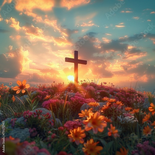 spiritual landscape of cross and flowers against glowing sunrise sky