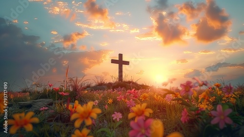 peaceful sunrise with silhouette of cross in blooming nature scene