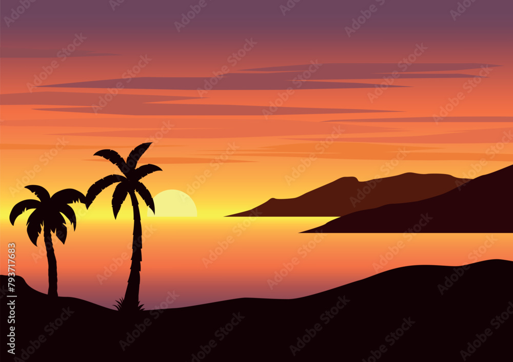 panorama beach in sunset. Vector illustration in flat style.