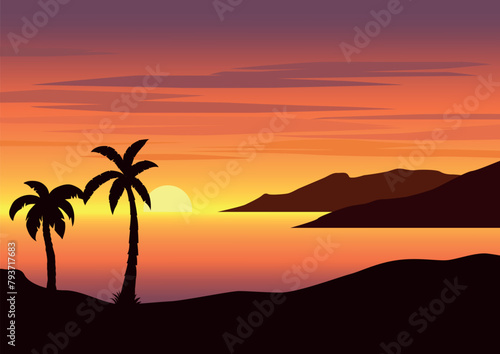 panorama beach in sunset. Vector illustration in flat style.