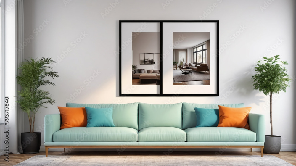 Living room with a white advertising banner on the wall. Prepared for a graphic designer. Generative AI. Living room with a white advertising banner on the wall. Prepared for a graphic designer. Generative AI.
