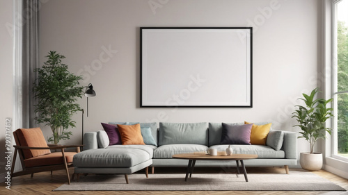 Living room with a white advertising banner on the wall. Prepared for a graphic designer. Generative AI.