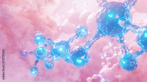 On a canvas of soft, blush pink, a series of electric blue molecular structures are strategically placed. 