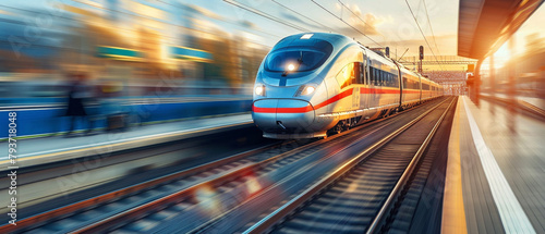 Gleaming high-speed train races swiftly on its tracks with a blur of motion. © Szalai