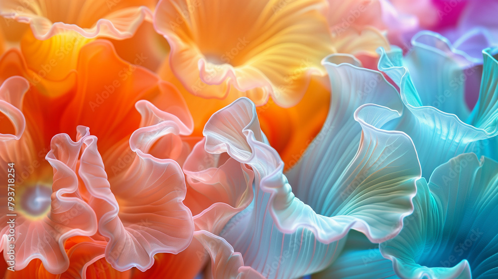 Obraz premium Closeup of sea colorful flowers in the style of iridescent opalescence, translucent petals, pastel colors, rainbow highlights, soft focus, dreamy atmosphere. Floral background