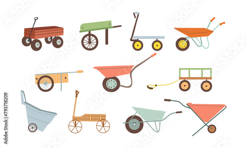 Wheel barrow ,Garden wagon cartoon vector illustration on white background. Farm wheelbarrow set icon. Vector illustration isolate on white , for your designe.
