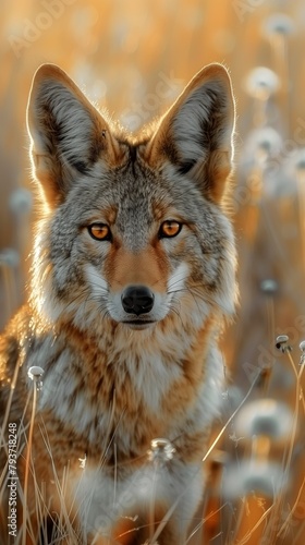 portrait of a majestic coyote in golden sunlight and dandelions
