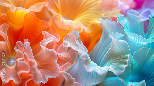 Closeup of sea colorful flowers in the style of iridescent opalescence, translucent petals, pastel colors, rainbow highlights, soft focus, dreamy atmosphere. Floral background photo