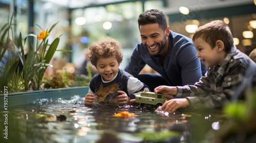 A man and two boys are joyfully playing in a pond on a sunny day