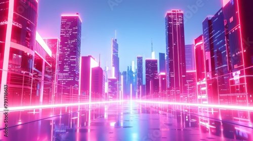 Futuristic neon cityscapes glowing against a pristine white backdrop  capturing the vibrant energy of urban life