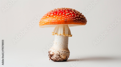 A still life of a single fly agaric on a white background. Copy space