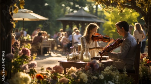 A man and a woman play violins under a blossoming canopy in a lush garden