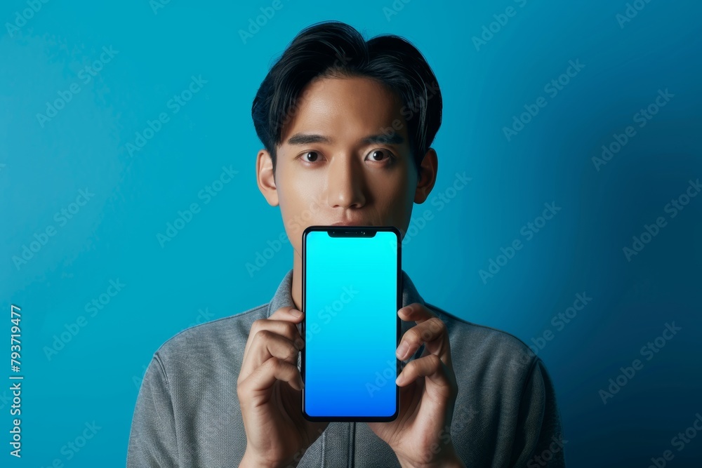 Display mockup asian man in his 30s holding an smartphone with a completely blue screen