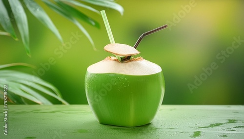 Refreshing Coconut Water Drink: Green Coconut Isolated on Green Background