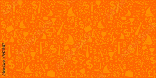 Happy father day. Orange seamless pattern with tie, eyeglasses, screwdriver, wrench, money, car, yacht, bitcoin, cup, icons. great for banners, wallpapers, cards, image covers. Vector illustration photo