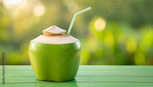 Coconut Water Drink: Green Coconut Isolated on Green Background
