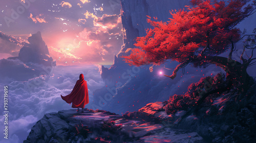 The girl in red hood with magic torch walking on mountain  photo