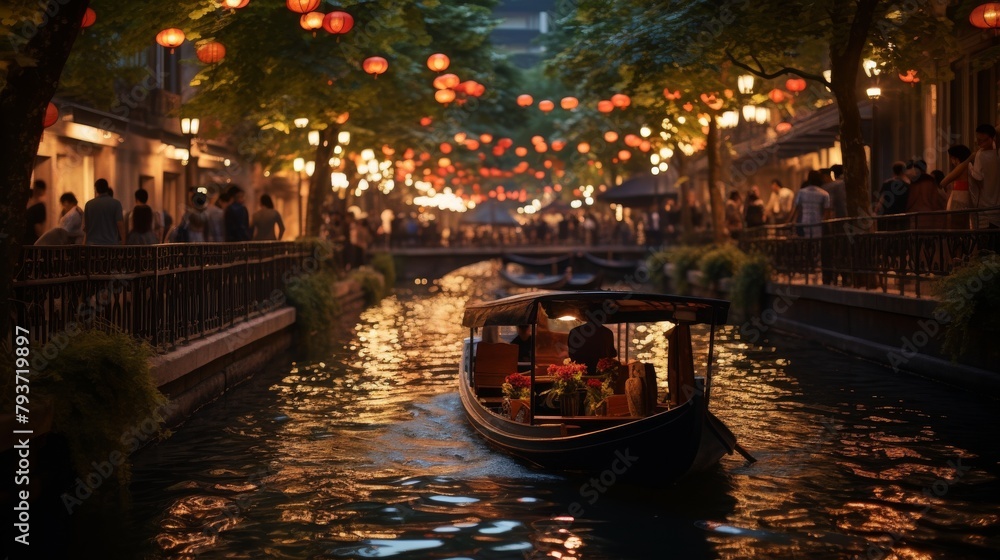 A boat glides down a river illuminated by vibrant lights, creating a mesmerizing and enchanting scene