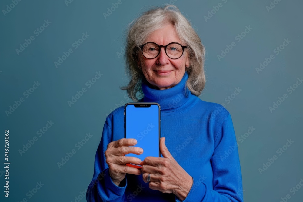 Application mockup woman in her 50s holding an smartphone with a fully blue screen Application mockup woman in her 50s holding an smartphone with a fully blue screen