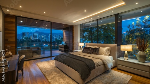An elegant  modern bedroom with designer furniture  soft lighting  and a balcony offering stunning views of a sparkling city at night.