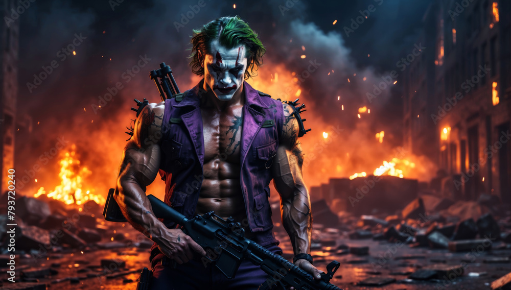A psychopathic clown with a gun in chaos A psychopathic clown with a gun in chaos